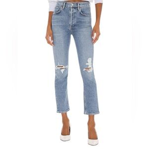 AGOLDE Riley High Rise Jeans Straight Crop Distressed Denim Blue Size 25